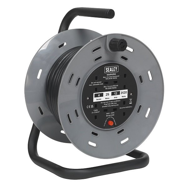 25m Heavy-Duty Cable Reel with Thermal Trip 4 x 230V Sockets